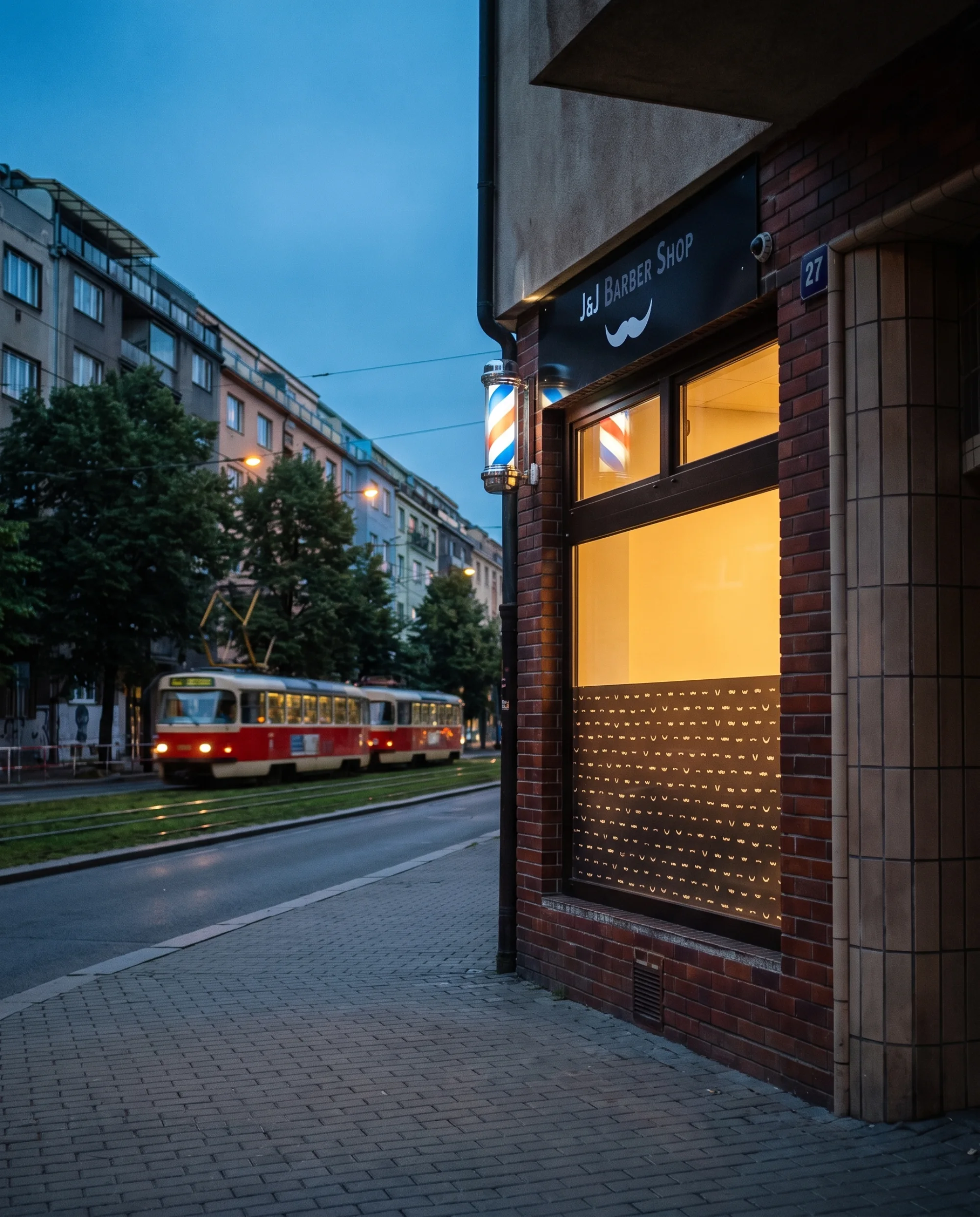 Výloha J&J Barber Shop, Vršovická 27