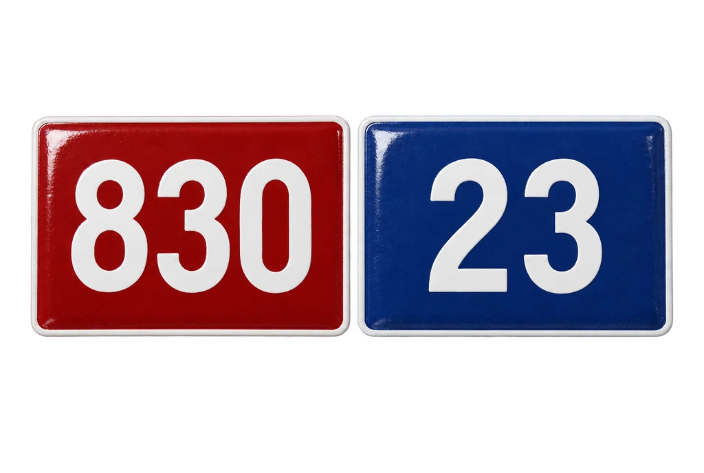 Číslo popisné 830 (červená), orientační 23 (modrá)